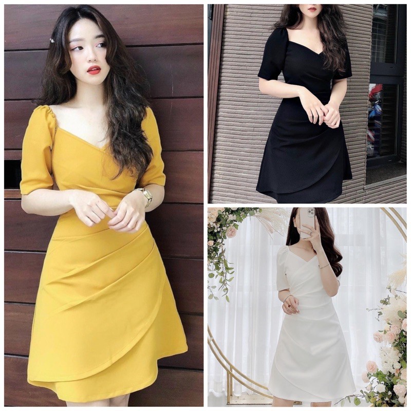 Đầm váy freesize cổ V xếp li eo 3 màu