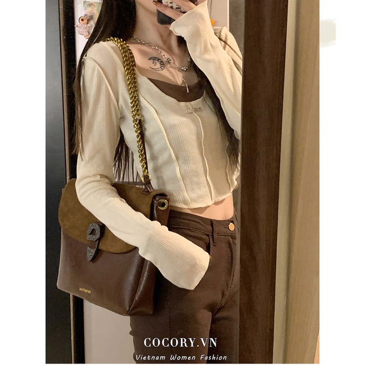 Cocory vn Set Áo Croptop Tay Dài Cổ Chữ V + Áo Hai Dây Dáng Ôm Thời Trang Quyến Rũ Cho Nữ