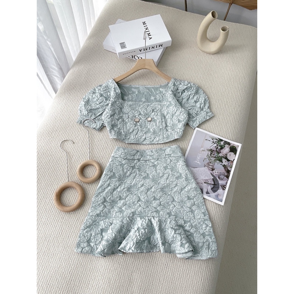 Set Váy Xanh Ngọc Siêu Sang Chảnh Cho Nàng Diện Phố, Dáng Váy Xoè Kết Hợp Vải Gấm Xốp Cực Xinh - BN202