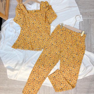 Set bộ hoa nhí cổ vuông tám mảnh dây kéo lưng quần dài ống suông nhỏ bigsize 40-72kg