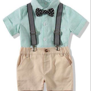 Bộ set 3 có nơ áo sơ mi kèm quần short dây đeo