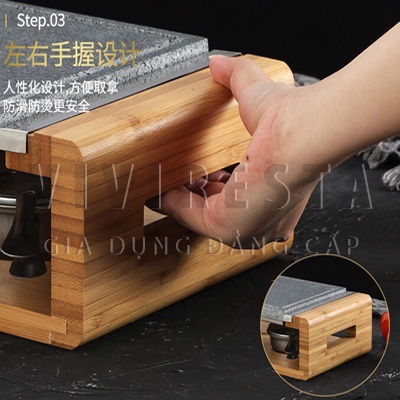 Bộ đá nướng thịt bò dùng tại bàn có đế gỗ cách nhiệt cho nhà hàng