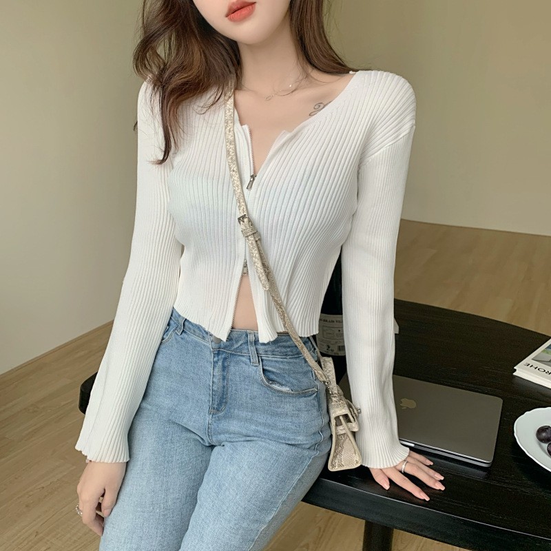 Áo Croptop tay dài dáng ôm body cổ tim chất len tăm có dây kéo phong cách Ulzzang nhiều màu