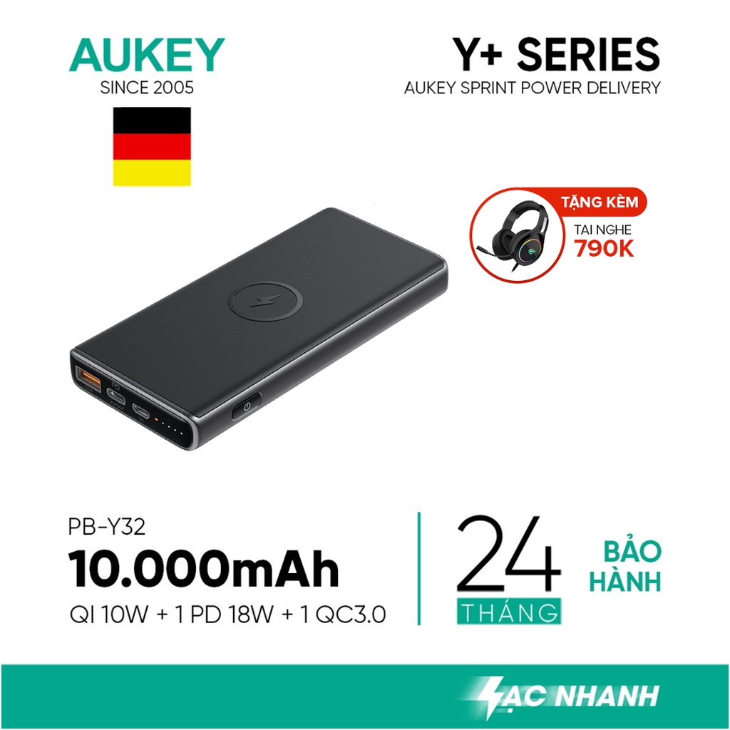 [Mã ELMALL300K giảm 5% đơn 500K] Pin Dự Phòng Kiêm Sạc Không Dây 10W AUKEY PB-Y32 10.000mAh, Sạc Nhanh PD 18W, QC 3.0