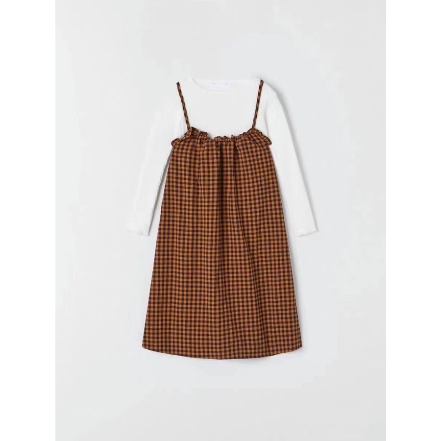 Set áo thun tăm trắng + váy 2 dây linen caro đen cam Zara 6 - 14y