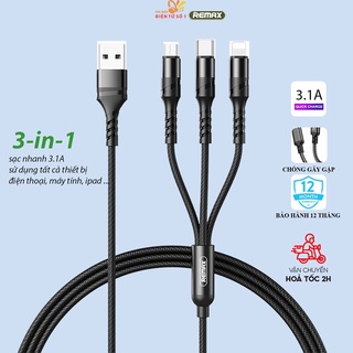 Cáp sạc nhanh 3.1a remax rc 186th chính hãng dài 1.2m, chống gẫy rối, đầu sạc type c + micro + l.ning