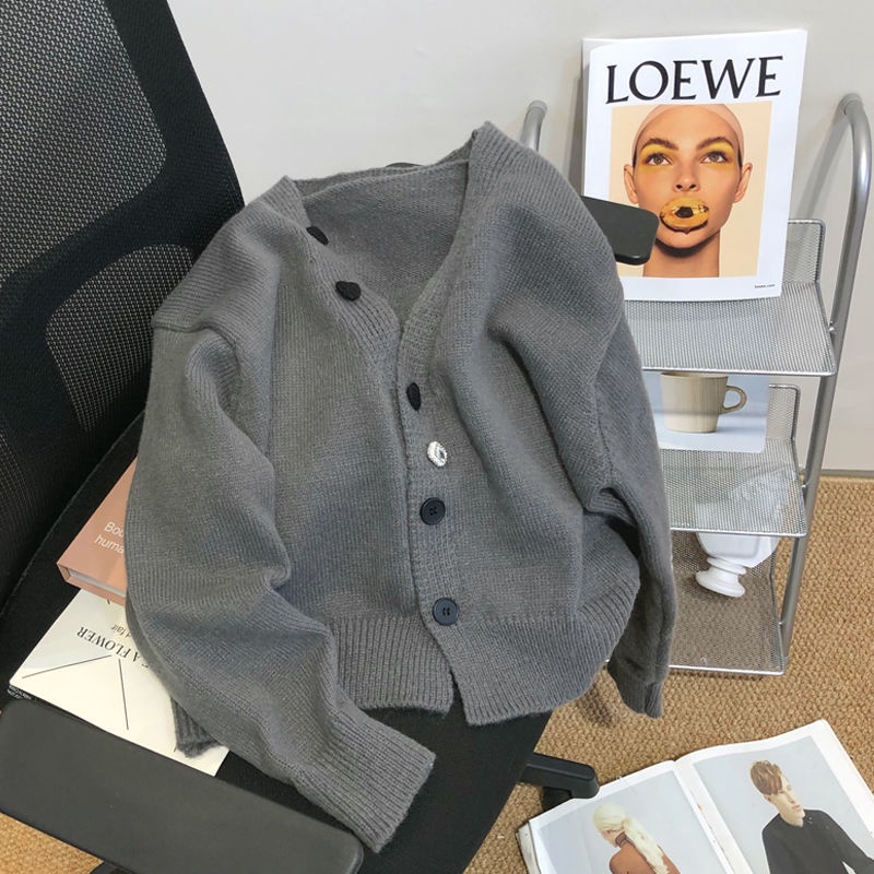 Áo Khoác cardigan Dệt Kim Cổ Chữ V Màu Trơn Đính Nút Thời Trang Thu Đông Mới