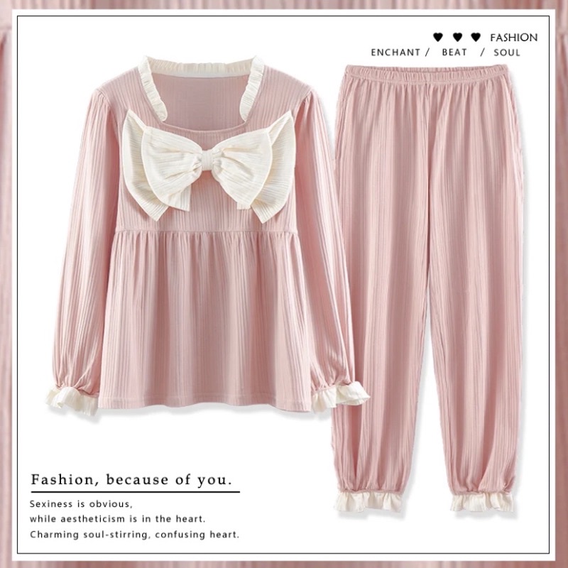 Bộ Mặc Nhà Nơ Cotton Dài Tay