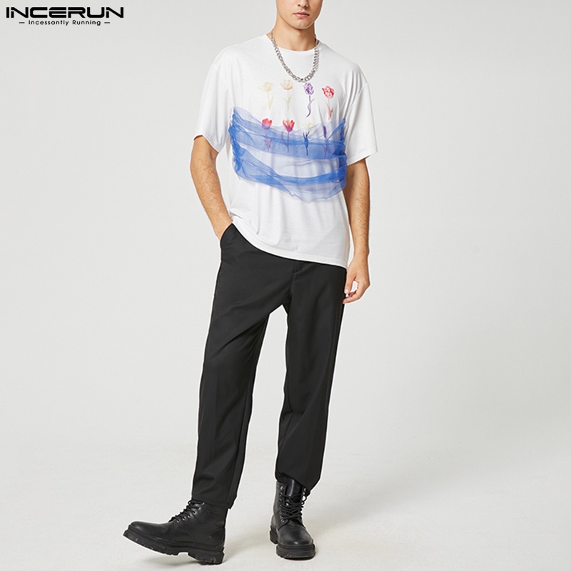 Áo thun INCERUN tay ngắn in họa tiết hoa phối lưới thời trang dành cho nam