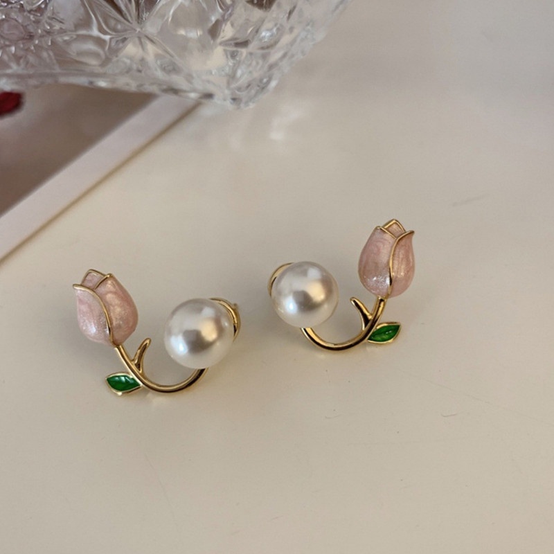 Khuyên Tai Hình Hoa tulip Đính Ngọc Trai Màu Hồng Thời Trang Mùa Hè Cá Tính