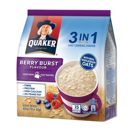 Yến mạch Quaker Berry Burst 3IN1 vị dâu, blueberry (Túi 15 gói) (đủ 4 vị best seller)