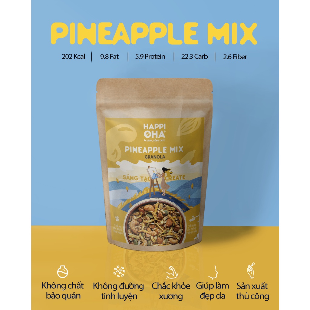 Ngũ Cốc Ăn Sáng/Ăn Kiêng Không Đường Tinh Luyện Vị Dứa 280g/400g - Granola Pineapple Mix HAPPI OHA