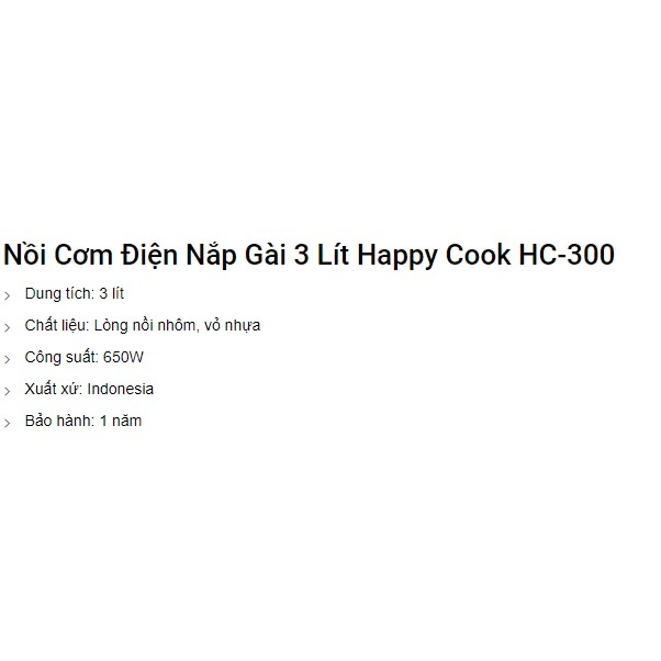 Nồi cơm điện nắp cài Happy cook HC300 3 lít - Bảo hành Chính hãng