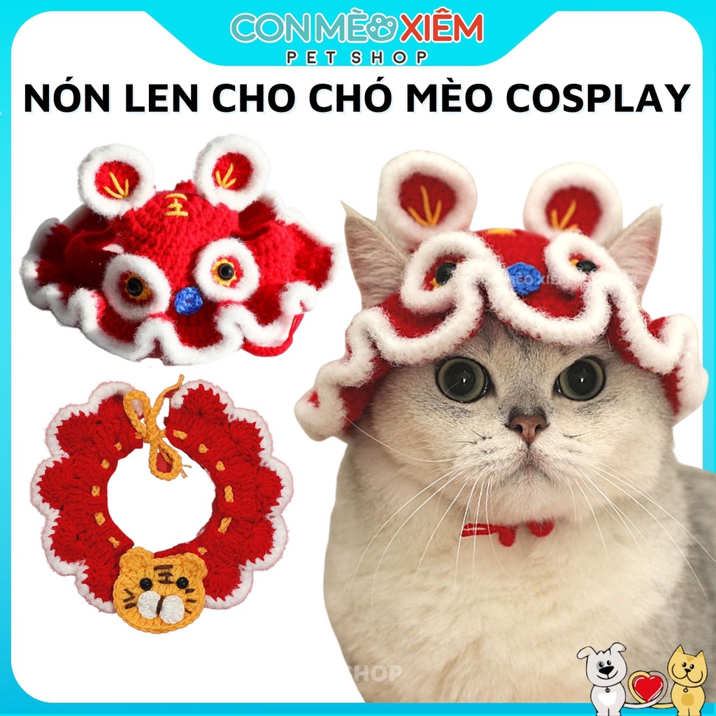 Nón len cho chó mèo đan móc kỳ lân hổ may mắn năm mới, mũ dễ thương thú cưng Con Mèo Xiêm