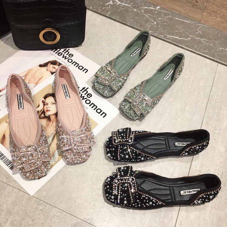 Giày Búp Bê Mũi Vuông Đính Đá Thời Trang Dành Cho Nữ / Size 35-44 / 41 / 42