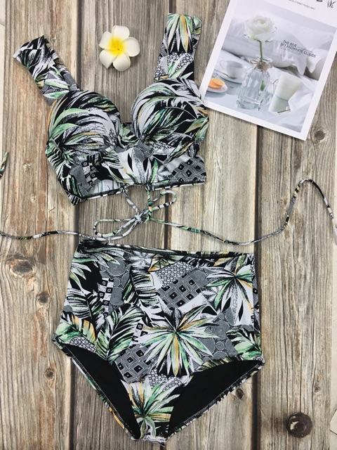 Set đồ bơi bikini lá trắng xám mút dày nâng ngực