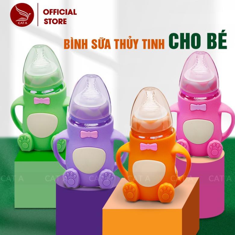 Bình Sữa giữ nhiệt thủy tinh, Bình Ti Sữa Cho Bé Có Tay Cầm CUTE - HÀNG MỚI VỀ