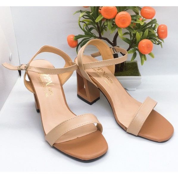 Sandal cao gót 8p quai ngang hở gót mũi vuông gót khoét lỗ da mềm (FT-SD029)