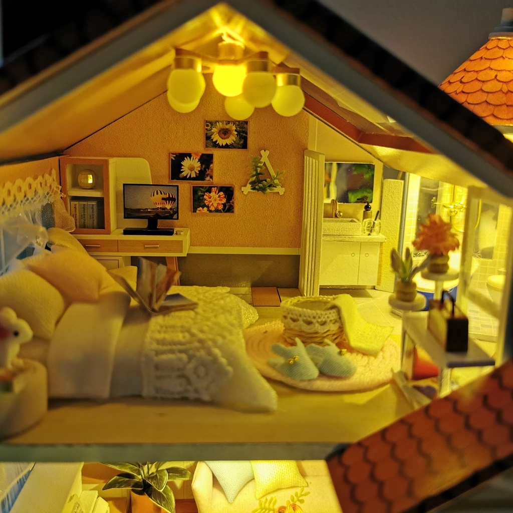 Mô hình nhà DIY Doll House Coloured Glaze Time Kèm Mica Chống bụi, Bộ dụng cụ, Keo dán và Bộ phát nhạc
