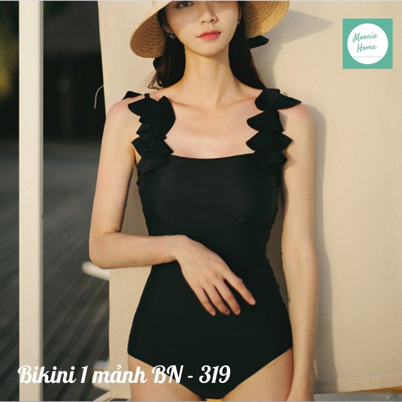Bikini Nữ Liền Thân, Đồ Bơi, Áo Tắm 1 Mảnh Kín Đáo Hai Dây Kiểu Cách Màu Đen Mã BN - 319
