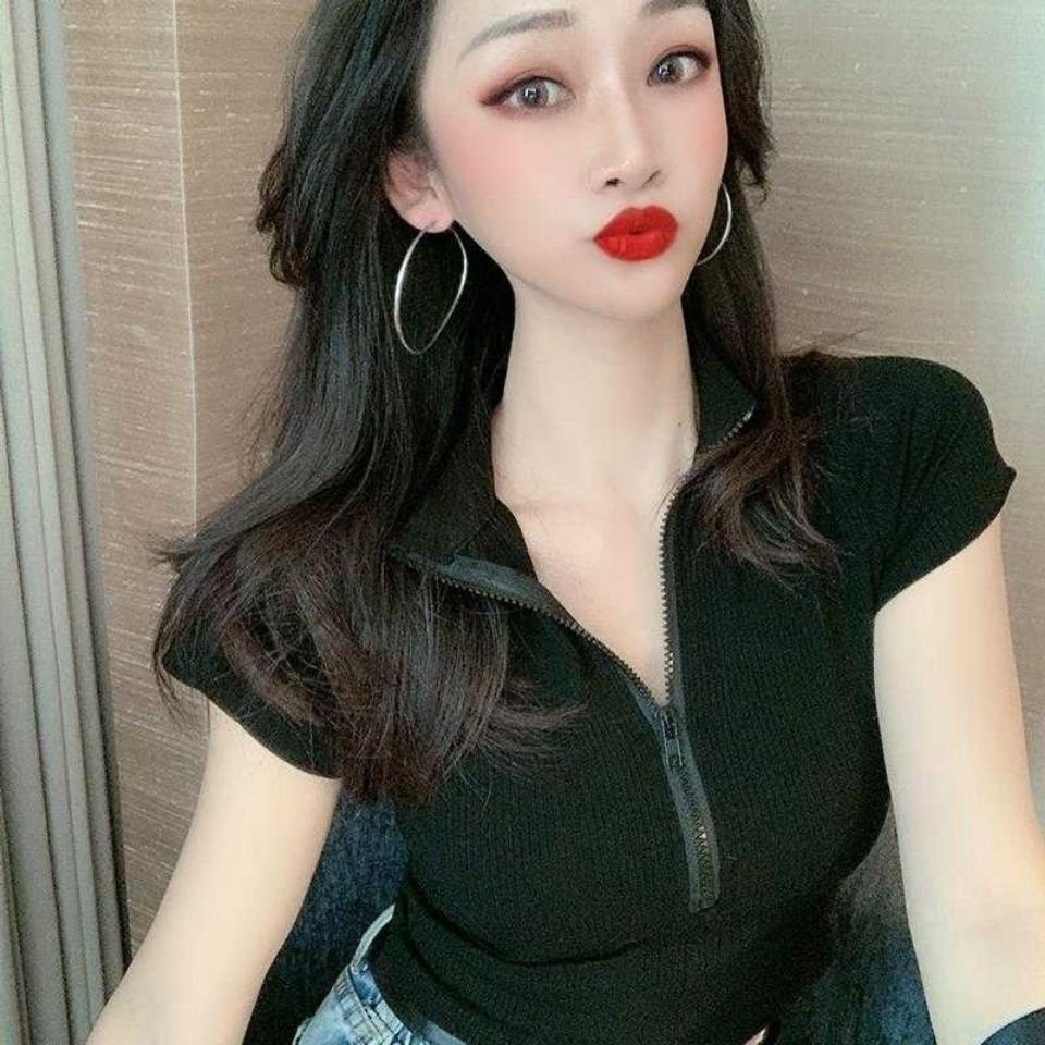 Áo Thun Ngắn Tay Phối Khóa Kéo Thời Trang Mùa Hè Hàn Quốc 2022 Dành Cho Nữ