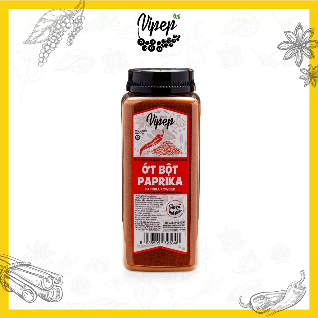 Bột ớt Paprika - ớt cựa gà xay nhuyễn, cay dịu và ngọt, gia vị tạo màu hấp dẫn cho món nướng, ướp, kim chi (hũ 450g)