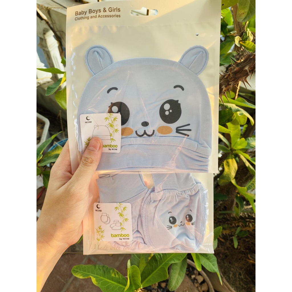 Bao tay chân và mũ Moon họa tiết chất cotton cao cấp cho bé