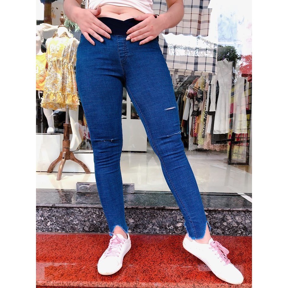 Quần bầu jean thật rách gối xì teen năng động siêu xinh co dãn tốt (kèm ảnh thật)