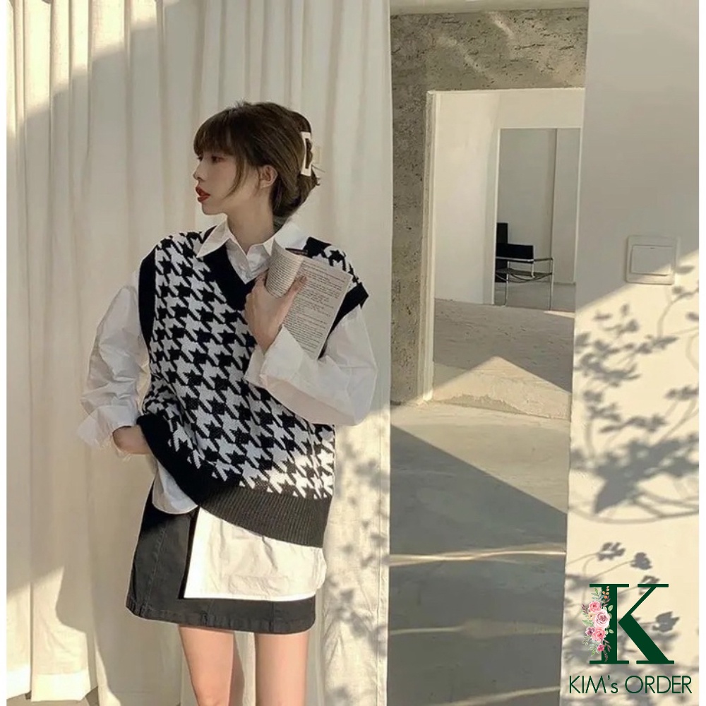 Áo Gile len nữ màu đen xanh hoạ tiết Ziczac cổ chữ V không tay sát nách phom rộng Ulzzang Hàn Quốc năng động cá tính