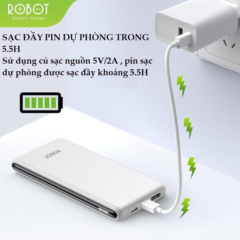 Pin Sạc Dự Phòng 10000mAh ROBOT RT180 | 1 Output USB &amp; 2 Input Micro USB/ TypeC