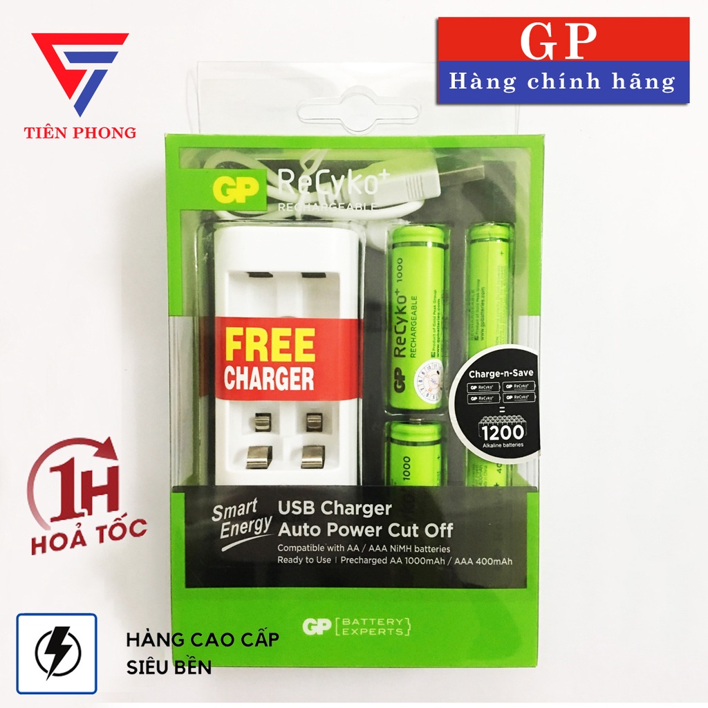 Máy Sạc Pin GP 2 Khe Cắm Kèm 2 pin AA 1000, 2 Pin AAA 400mah chính hãng