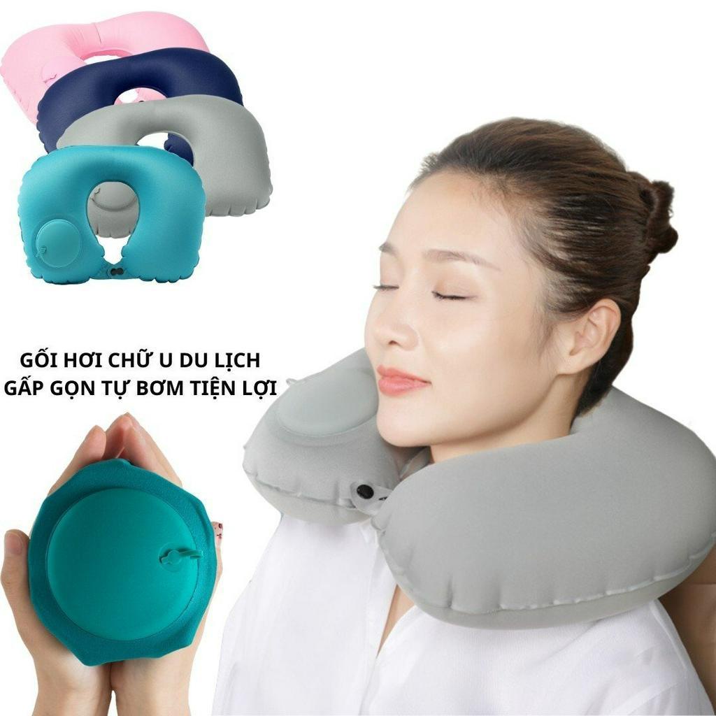 Gối hơi kê cổ chữ U du lịch gấp gọn bơm tự động tiện lợi