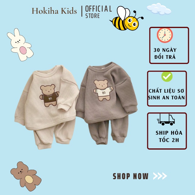 Bộ dài tay cho bé trai bé gái Hokiha Kids, bộ hình gấu chất cotton tổ ong cực mềm mịn size 9-17kg TE