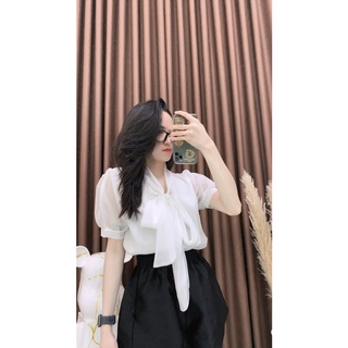 Áo nữ kiểu sơ mi phối nơ tay bồng ngắn tiểu thư bánh bèo sang chảnh phong cách Hàn quốc hè 2022 Liao UV79