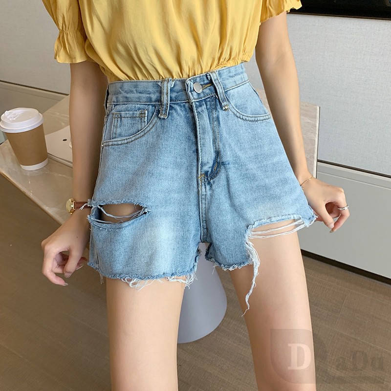 Quần Short Jeans Denim Lưng Cao Phối Rách Cá Tính