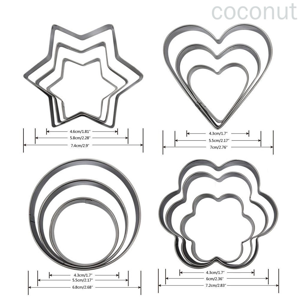 Bộ 12 Khuôn Làm Bánh Bằng Thép Không Gỉ Hình Tròn / Ngôi Sao / Trái Tim / Bông Hoa