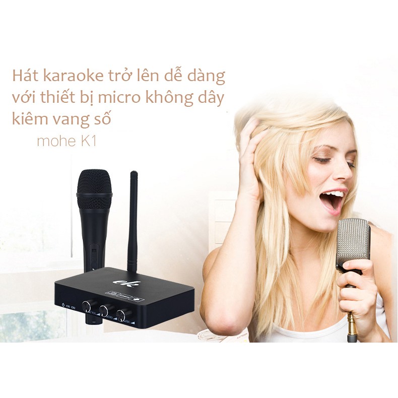 Bộ micro không dây kiêm vang số hát karaoke EK K1 2micro không dây pin sạc