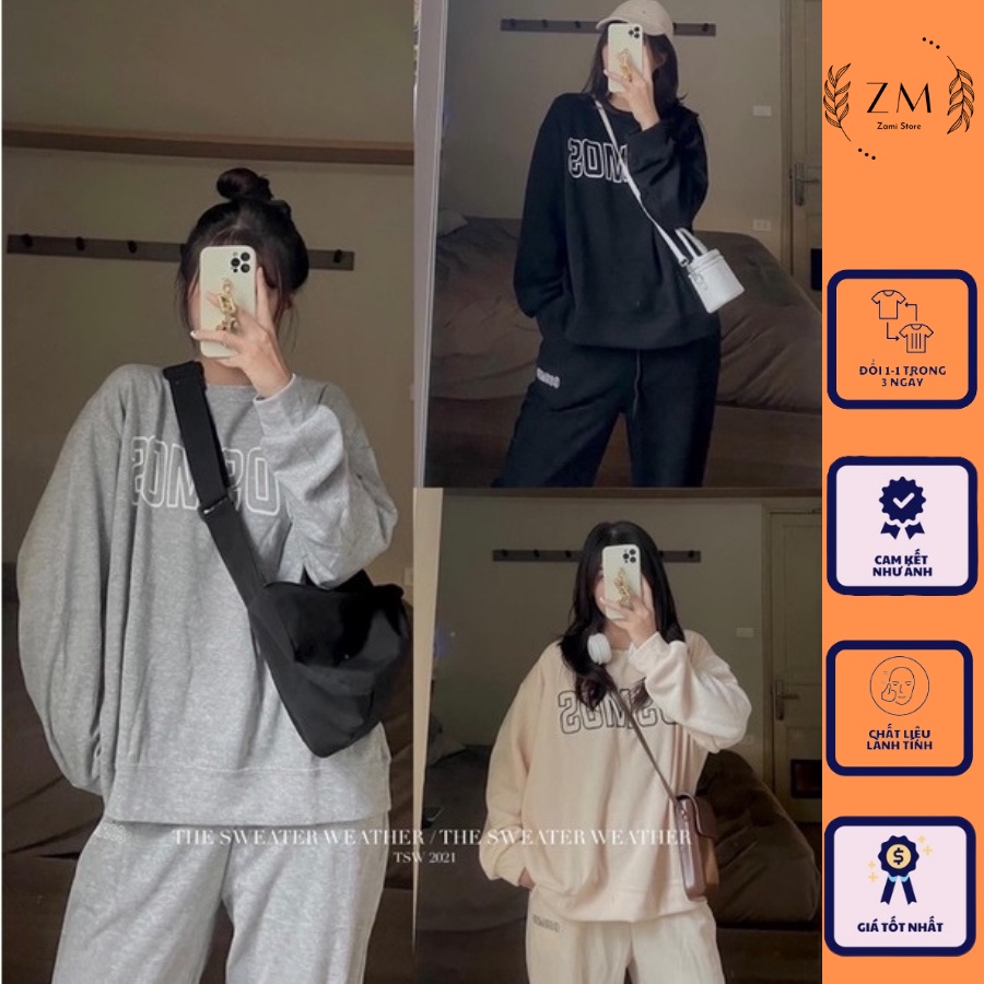 Sét bộ nỉ COSMOS tay bồng in chữ kèm quần ống bom đủ màu,Sét bộ Nam/Nữ from rộng unisex [VIDEO và Ảnh thật]