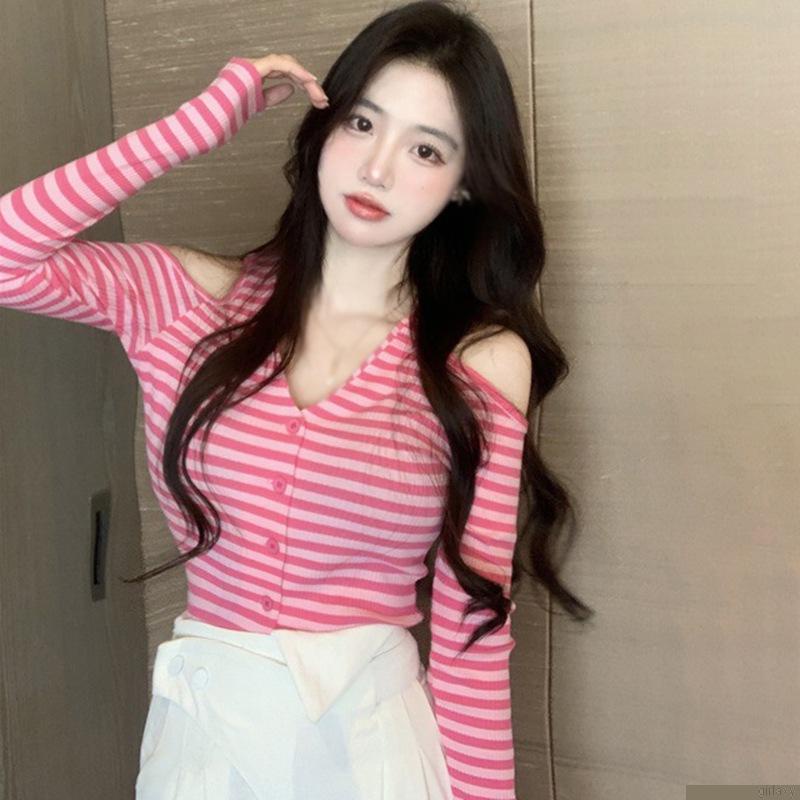 Áo cardigan dài tay cổ chữ V trễ vai họa tiết kẻ sọc thời trang