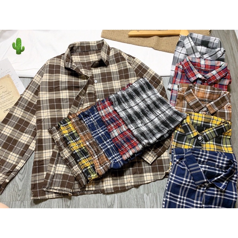 Áo sơ mi kẻ caro 6 màu kèm áo ống nhúng cùng màu dài tay phom rộng unisex/ Áo khoác chống nắng oversize nam nữ kẻ caro