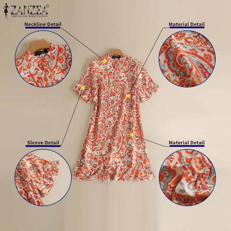 Đầm midi Zanzea tay ngắn cổ đứng phối bèo phong cách Hàn Quốc thời trang cho nữ