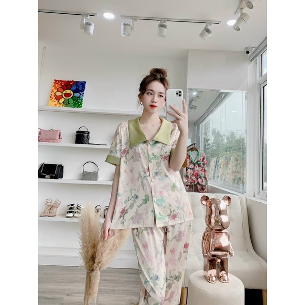 PYJAMA CỘC DÀI HOẠ TIẾT XƯỢC CỔ XANH XINH