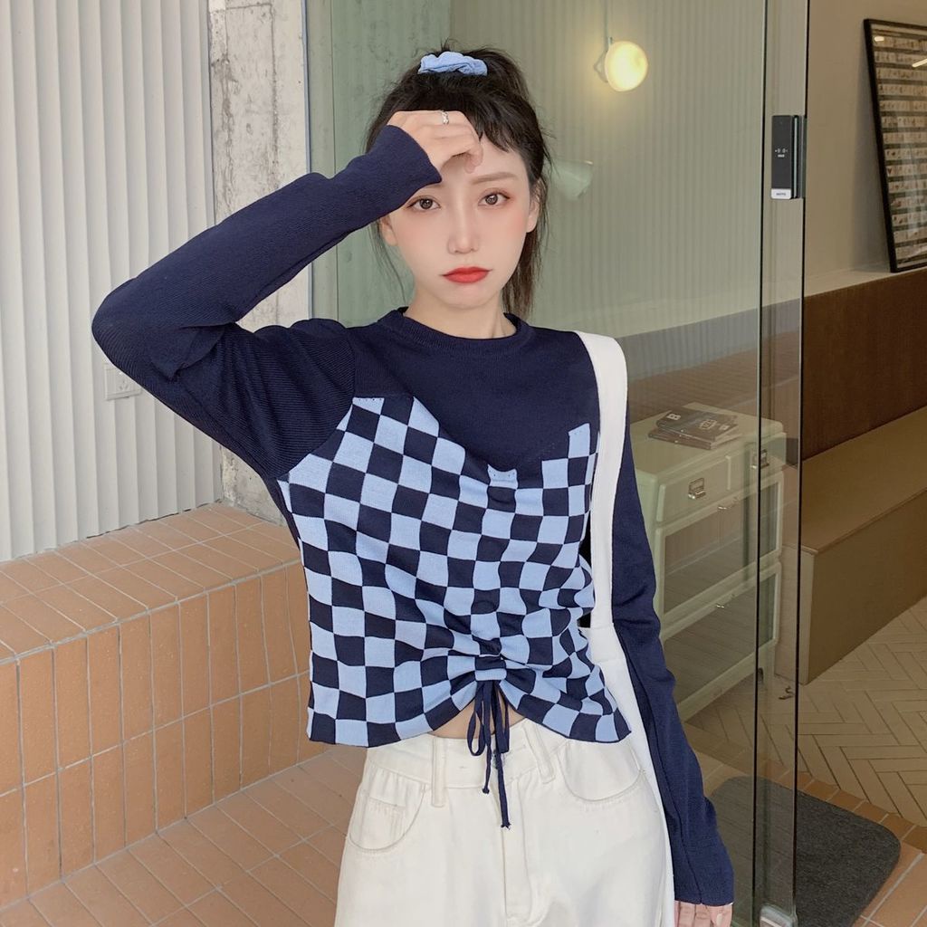 Áo thun tay dài giả hai lớp phối dây rút trước ngực họa tiết caro thời trang cho nữ