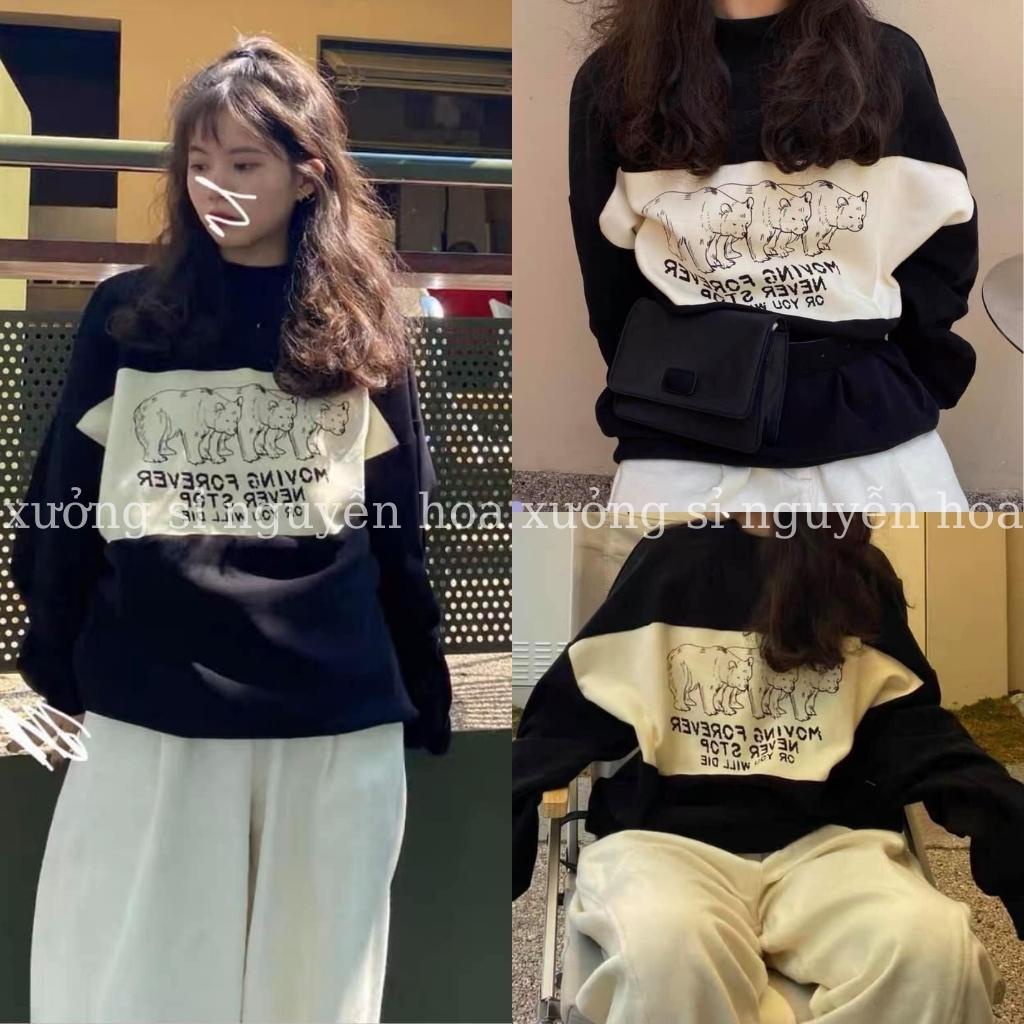Bộ nỉ thu đông áo sweater nỉ ngoại phối dài tay in hình 3 con gấu kèm quần suông nhung tăm form dáng rộng Váy Trắng Shop