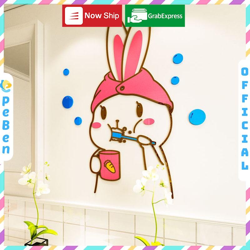 Tranh dán tường mica 3d decor khổ lớn bé thỏ Dán Cửa trang trí mầm non, phòng cho bé Nhiều Size - EPeBen