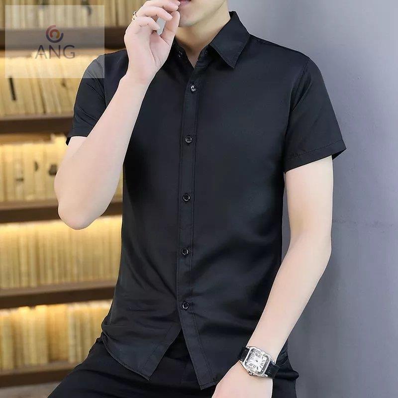 Áo Sơ Mi Tay Ngắn Màu Đen Trơn Phong Cách Hàn Quốc Cho Nam Size S-5Xl