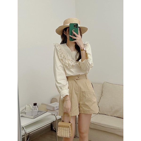 [HÀNG SẴN]ÁO SƠMI THÔ VIỀN REN CÚC BỌC TIỂU THƯ