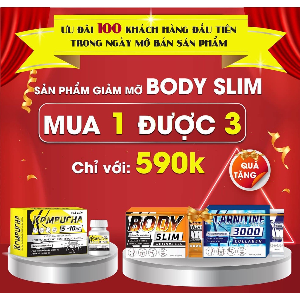 Giảm Cân, Bộ 3 Body Slim KOMPUCHA Giảm Mỡ Bụng Đùi Bắp Tay Đánh Bay Mô Mỡ Thừa Hiệu Quả Đẹp Da Đẹp Dáng