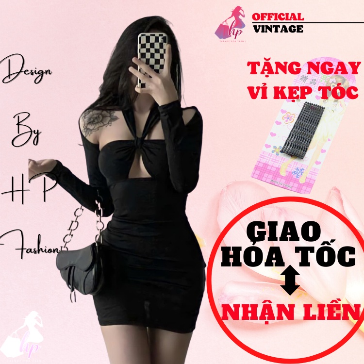 Đầm body yếm nữ sang chảnh, váy tay dài cột yếm hở ngực dáng ngắn màu đen kiểu hàn quốc tôn dáng VD310