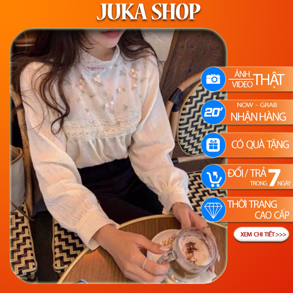 Áo sơ mi nữ tay dài NARII áo babydoll trắng phong cách Ulzzang Hàn Quốc thêu Juka Shop